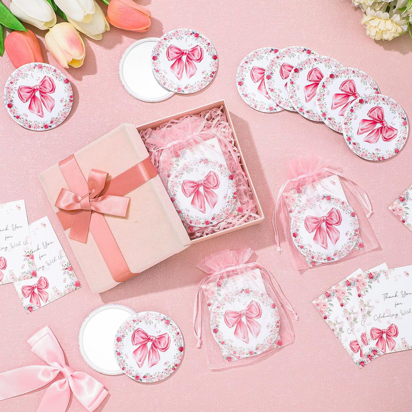 Namalu 48 Sets Coquette Pink Bow Party Favors Compact Mirror Bulk and Thank You Pink Bow Cards and Organza Bags for Bridal Weddi
