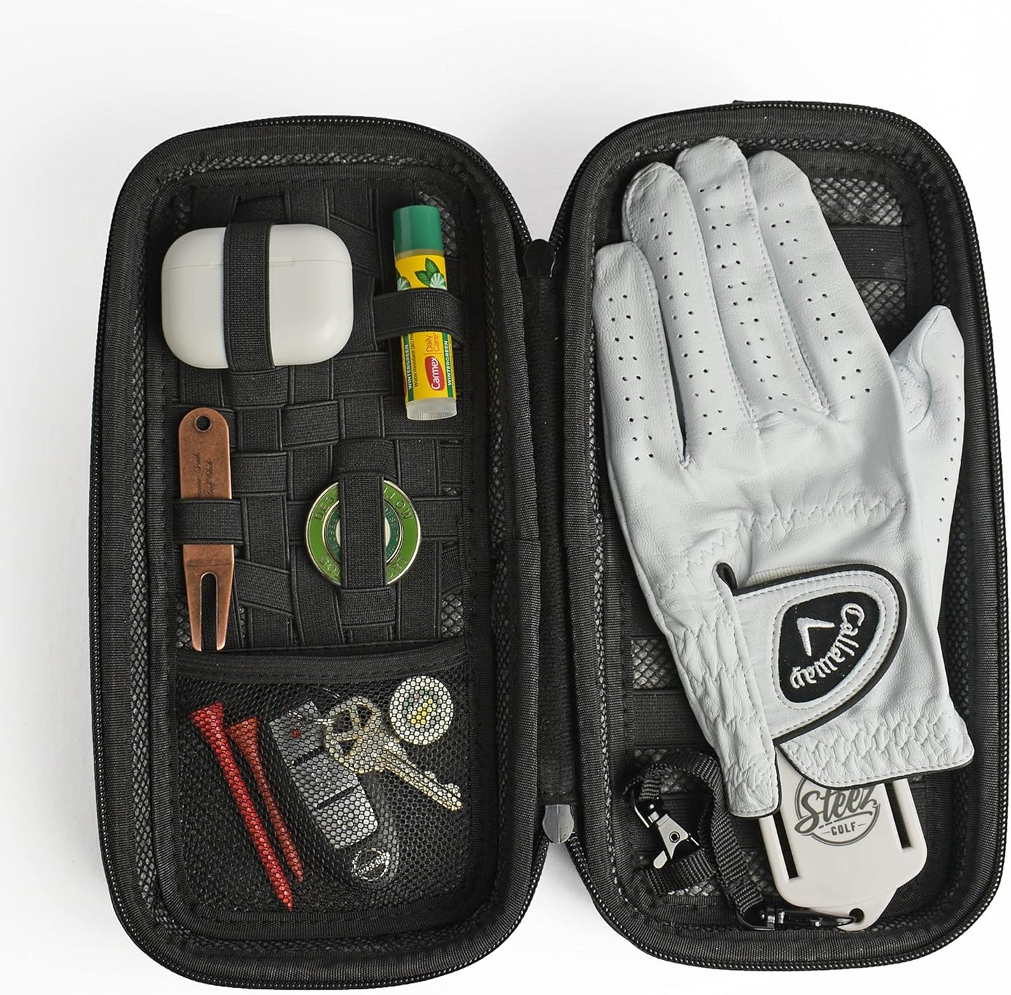 Accessory Case - Golf Bag Organizer. Airtight, Water-Resistant, Protective Hard Case for Phone, Tees, Ball Markers, Repair Tools, and Golf Essentials. Removable Golf Glove Hanger/Dryer