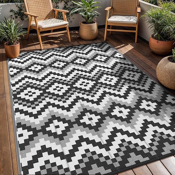 GENIMO Outdoor Rug Waterproof 8x10 ft, Lightweight Plastic Straw Rugs, Outside Reversible Large Mat Carpet for Patio, Camping, RV, Deck, Balcony, Porch, Backyard, Black & White