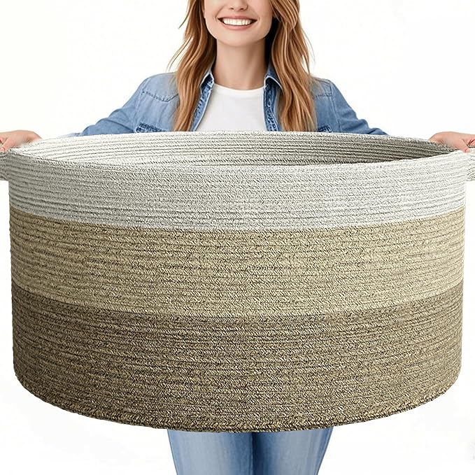 125L Extra Large Blanket Basket, 25" x 16", Jumbo Laundry Woven Basket Decorative Home, Cotton Rope Basket with Handles, Baby Toy Basket for Storage, Gradual Brown