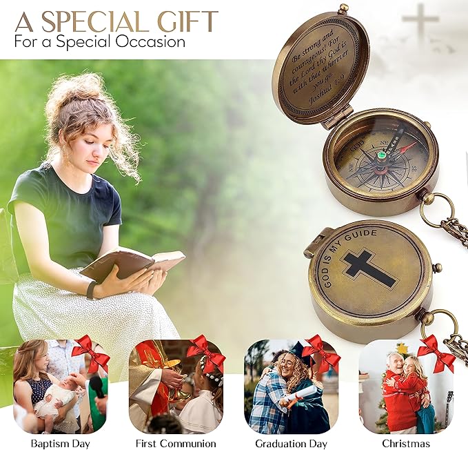 God is My Guide Brass Compass Gift with Display Box - Engraved Scripture Prayer Compass Religious Gift for Men & Women - Baptism, Confirmation, Communion Compass for Boys Graduation Gift