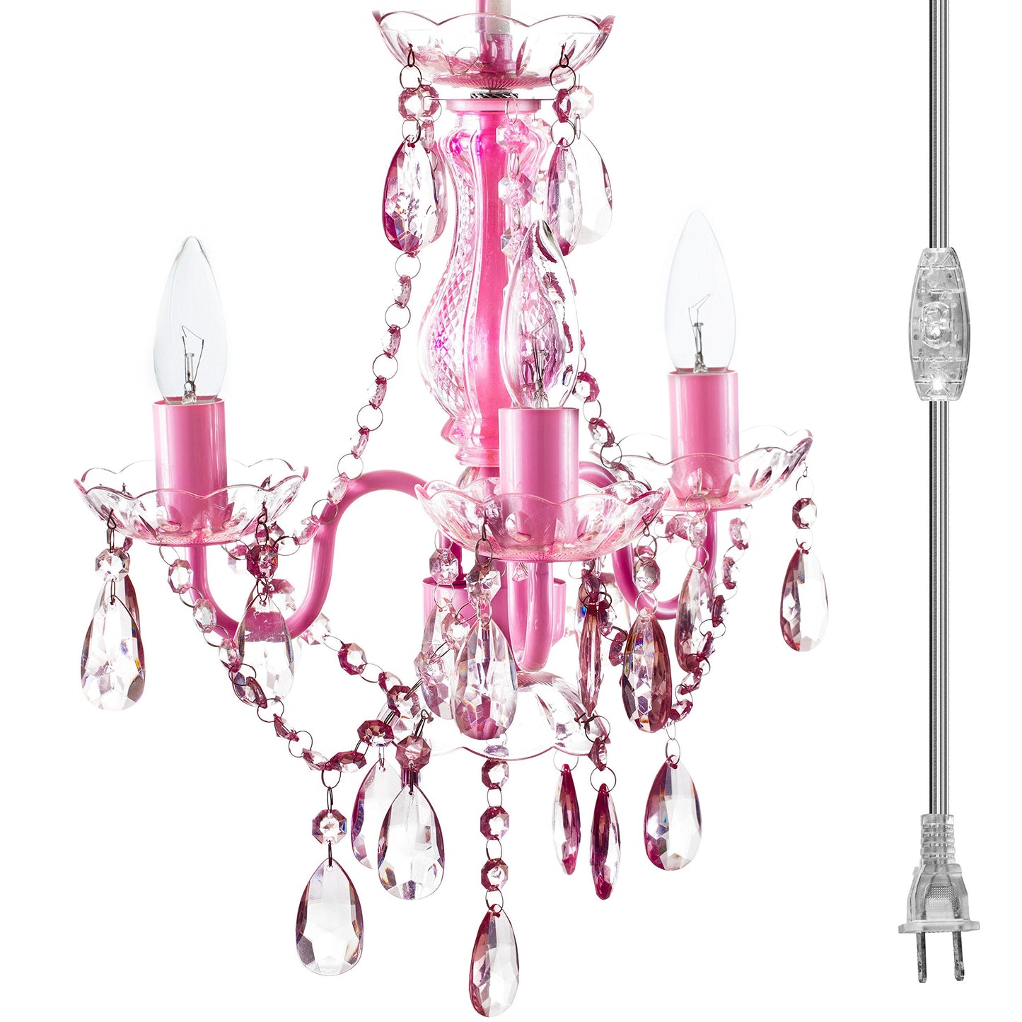 Gypsy Color 3 Light Plug-In Chandelier, Pink Metal Frame, Acrylic Crystals, Model Gymipk, H17”Xw12”