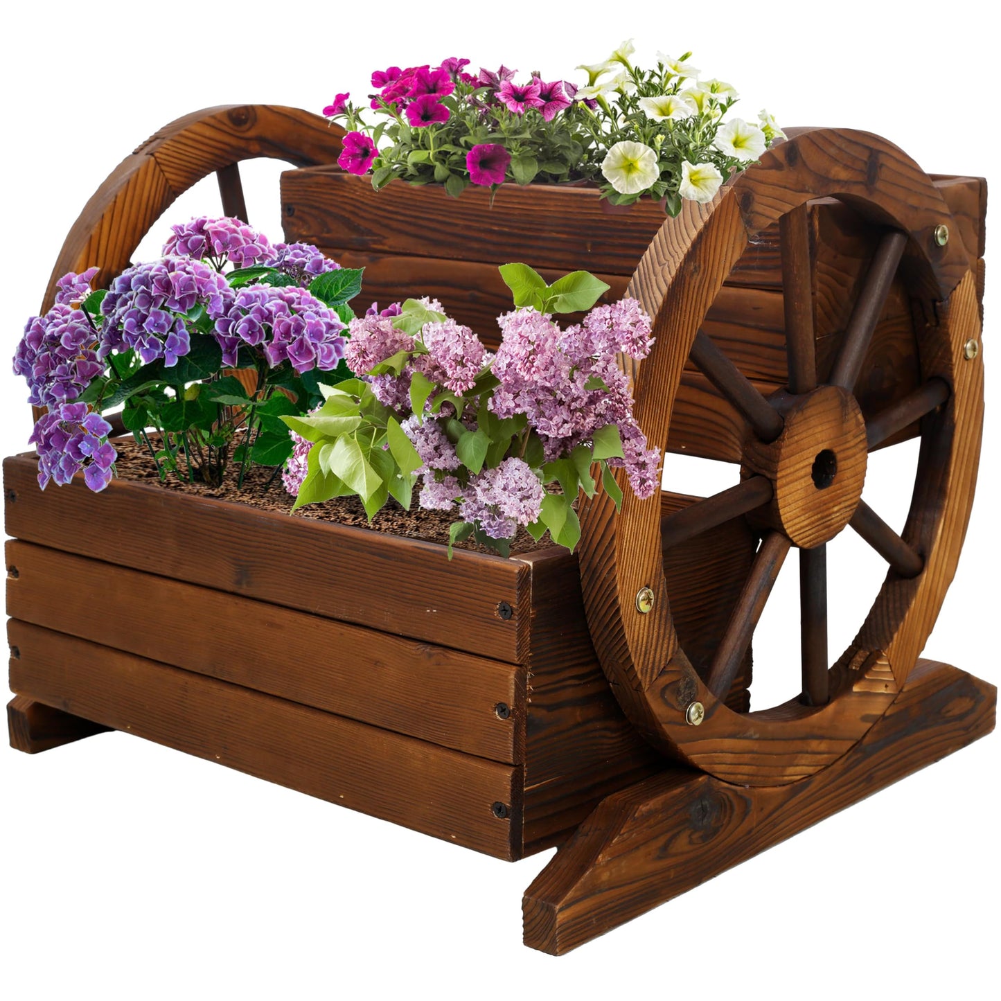 Lunanniu Wooden Wagon Wheel Planter Rustic 2 Tier Flower Box Outdoor Garden Cart Decorative Fir Wood Plant Holder Patio Yard Display Stand Rectangular Tiered Flowerbed Balcony Plant Stand