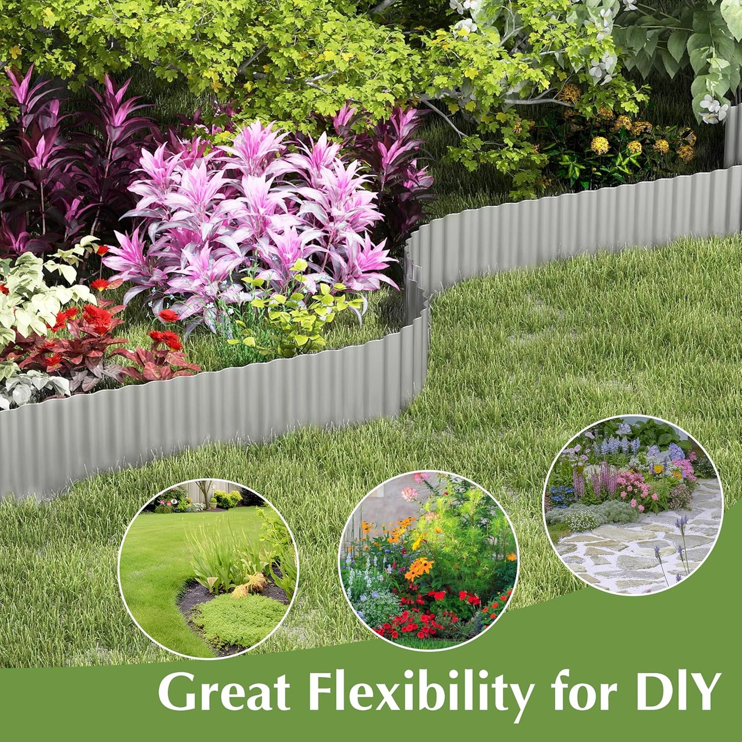 Metal Garden Edging Border, Corrugated Steel Landscaping, DIY for Lawn (Silver, 6 Inch x 10FT)