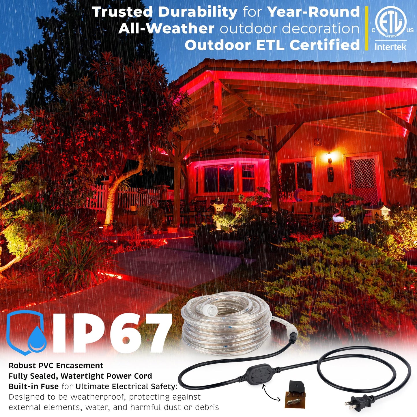 WYZworks LED Rope Lights, 150ft Connectable Waterproof Decorative Lighting, Red, ETL Certified, for Outdoor Use, Model AM-LEDROPE-RED-150-2