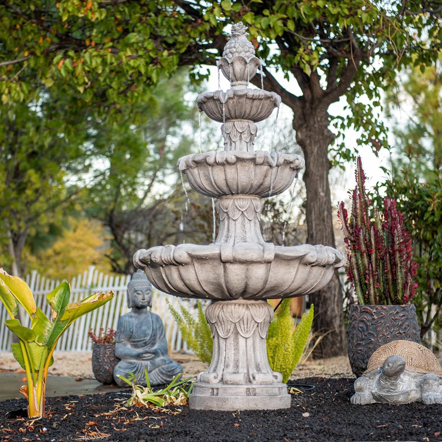 58.3" Leaf Water Fountain, 3-Tier, Outdoor, Gray Resin, Pump