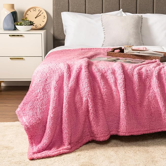 PAVILIA Sherpa Throw Blanket for Couch Sofa, Pink Fluffy Warm Plush Blanket for Bed, Cozy Super Soft Lightweight Throw, Fuzzy Decorative Blanket, All Season Home, 50x60