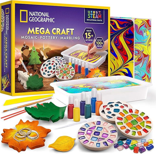 National Geographic Mega Arts and Crafts Kit for Kids – Mosaic Kit, Marbling Paint Kit & Air Dry Clay Pottery Kit – Art Pr...