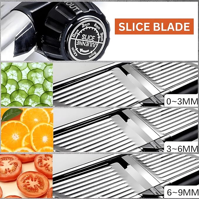 Mandoline Slicer for Kitchen, Adjustable Stainless Steel Vegetable Chopper & Food Slicer for Potato, Onion, Tomato, Cucumber & Fruit, Includes Julienne Blades & Cut-Resistant Gloves