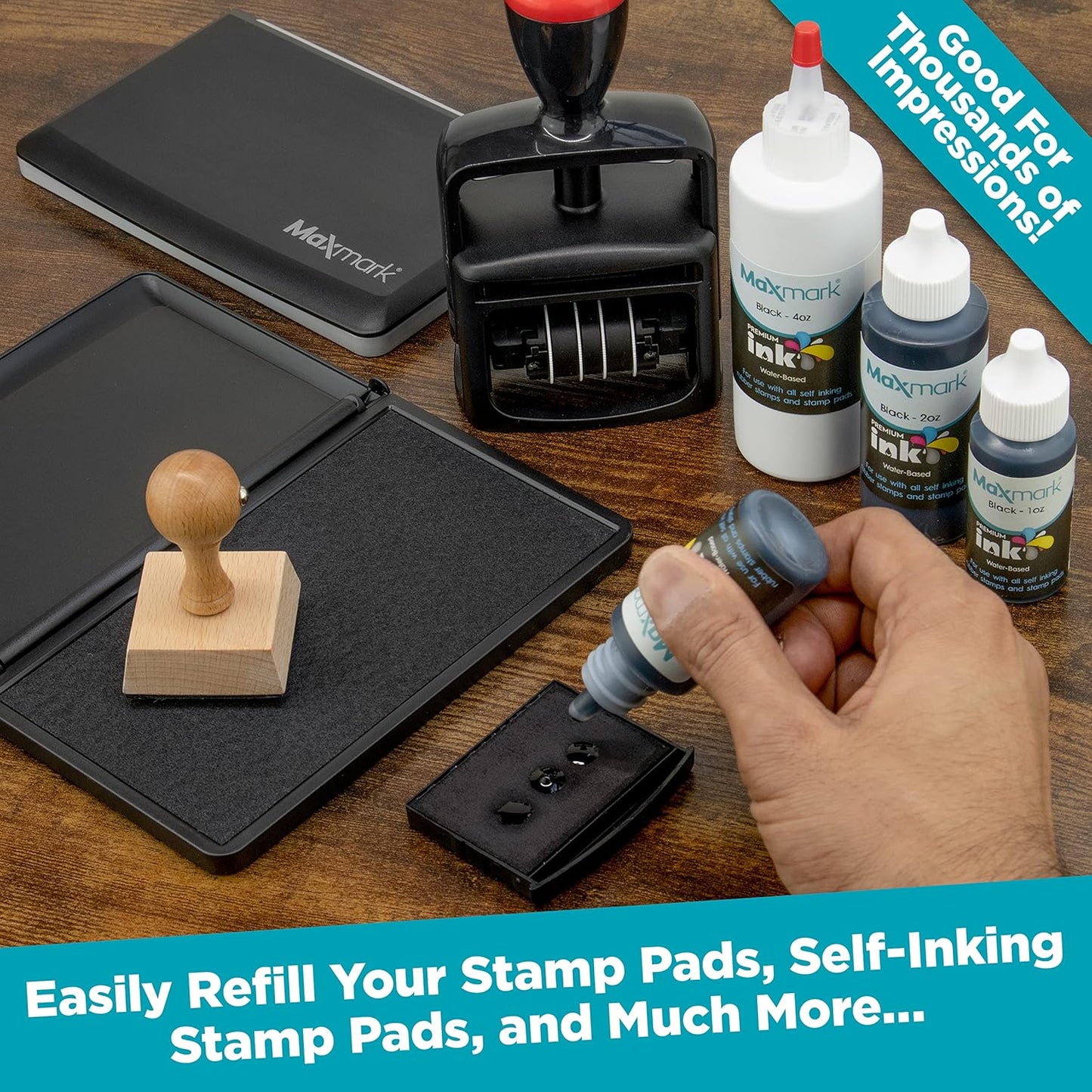 MaxMark Premium Refill Ink for self Inking Stamps and Stamp Pads, Olive Green Color - 1 oz.