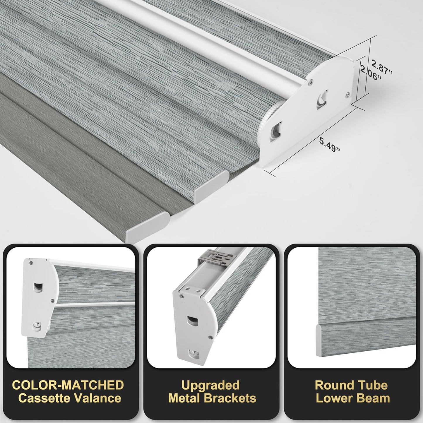 BERISSA Cordless Dual Roller Shades with Cassette Valance, Double Window Shades - Blackout and Light Filtering, Day and Night for Home Office Door. Striped Jacquard Grey. 52 W x 48" H