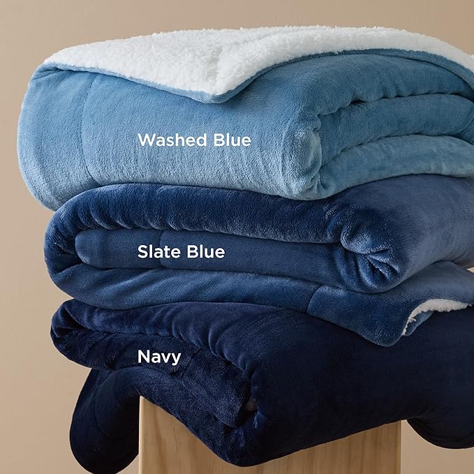 Bedsure GentleSoft Sherpa Fleece Blankets Queen Size for Bed - Thick and Warm, Soft Fuzzy Plush Queen Blanket for Winter, Washed Blue, 90x90 Inches