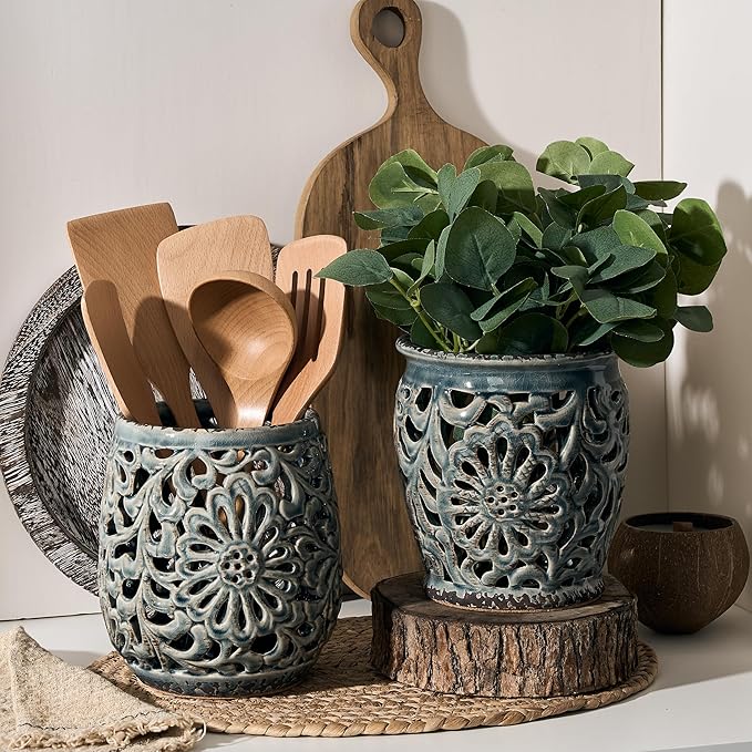 Farmhouse Kitchen Utensil Holder for Kitchen Counter, Ceramic Large Cooking Utensil Crock with Cork Mat, Decorative Rustic Utensil Organizer for Countertop, Spatula, Grayish Blue