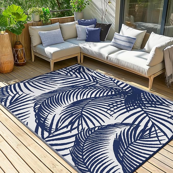 GENIMO Outdoor Rug 9' x 12' Waterproof for Patio Clearance, Reversible Plastic Straw Camping Carpet, Lightweight Mats for Rv, Backyard, Deck, Porch, Picnic, Beach, Balcony, Blue & White