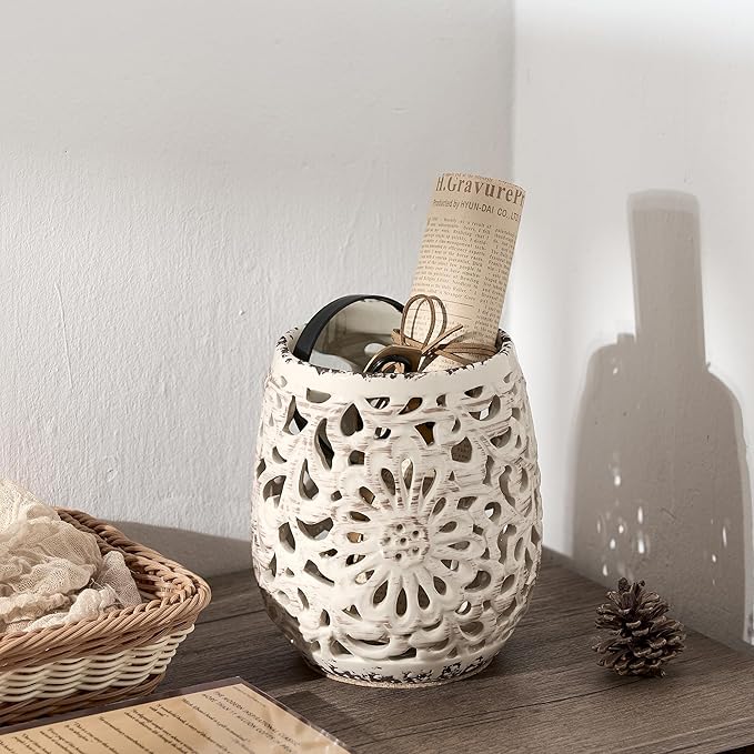 Farmhouse Kitchen Utensil Holder for Kitchen Counter, Ceramic Large Cooking Utensil Crock with Cork Mat, Countertop Cooking Tool Spatula Organizer, Beige Antique Design