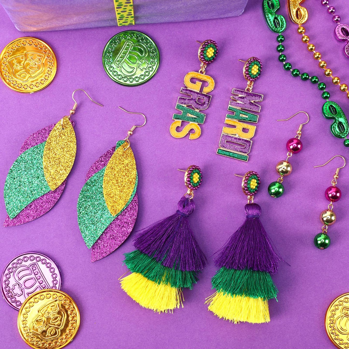 DTOFOOT 4 Pairs Mardi Gras Enamel Earrings for Women Carnival Stud Earrings Beaded Mask Fleur De Lis Crown Drop Dangle Set for P