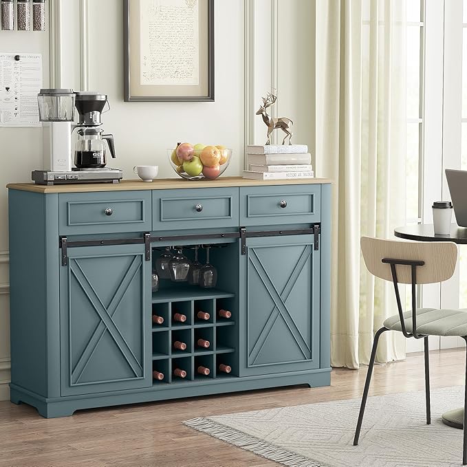 Contemporary Wine Bar Cabinet with Storage, Liquor Cabinet with Rack for Inside Cabinet, Coffee Bar Cabinet with Sliding Barn Door, Buffet Table for Kitchen, Living Room, 54 Inch (Dawn Blue)