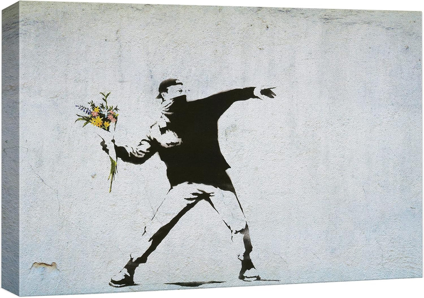 wall26 Canvas Print Wall Art Banksy Man Throws Yellow Flower Bouquet Graffiti & Street Art Pop Culture Illustrations Pop Art Bohemian Multicolor Dark for Living Room, Bedroom, Office - 24"x36"