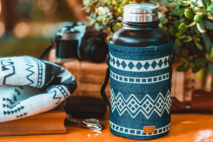 Water Bottle Holder w/Strap | Bottle Sleeve Carrier for Walking, Backpacking | Hydro and Iron Flask Sling Bag | Bottle Protector for Beer Water Coffee Wine | Camping Accessories (64 oz, Laguna Blue)