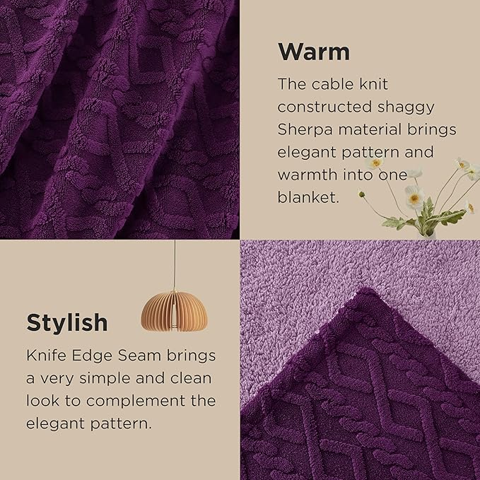 Bedsure Sherpa King Size Blanket for Bed- GentleSoft Fleece Fluffy & Cozy Cable Jacquard Tufted for Women Gift, Thick and Warm Blankets for Winter, Purple, 108x90 Inches