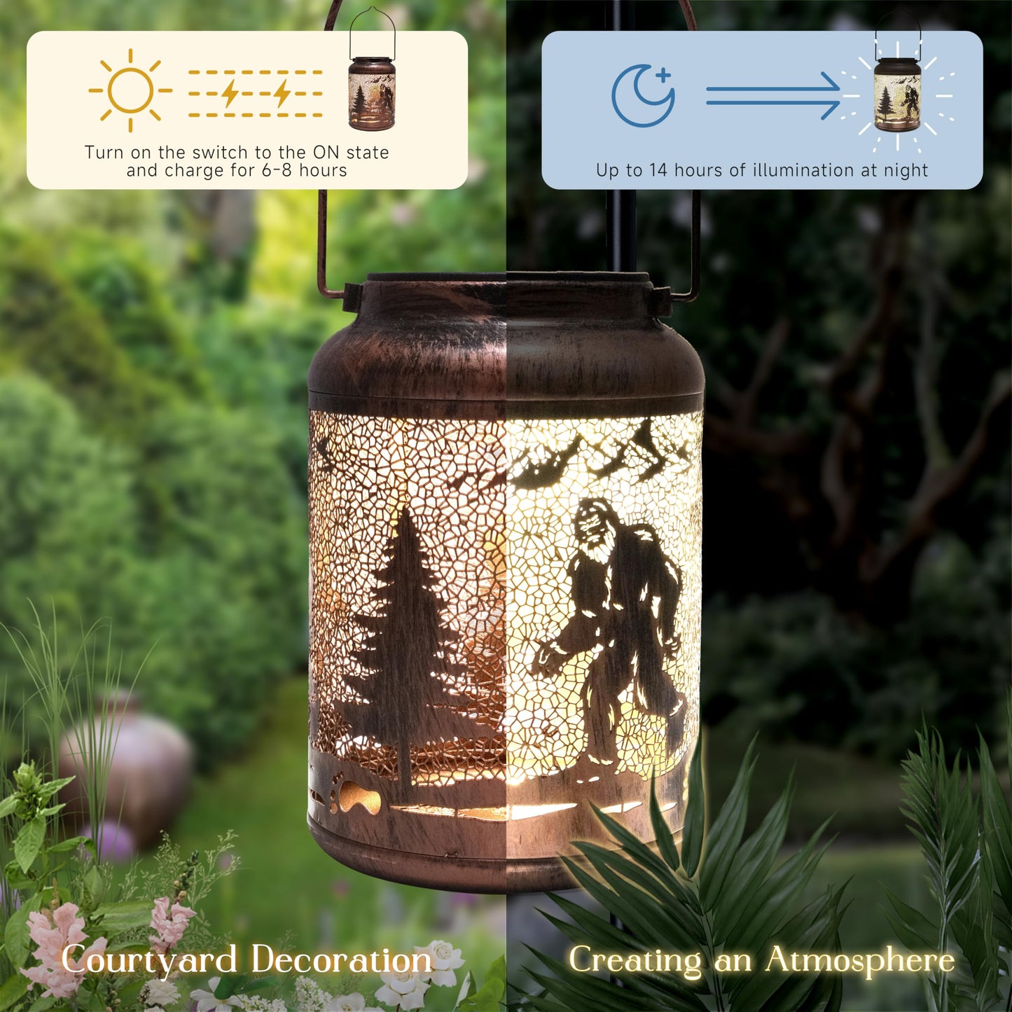 6.69 Bigfoot Solar Lantern Outdoor Hanging Solar Light - Ip65 Waterproof Led Decorative Lantern For Patio  Pathway  Or Tabletop. Perfect Mothers Day Gift For Women  Unique Metal Decor