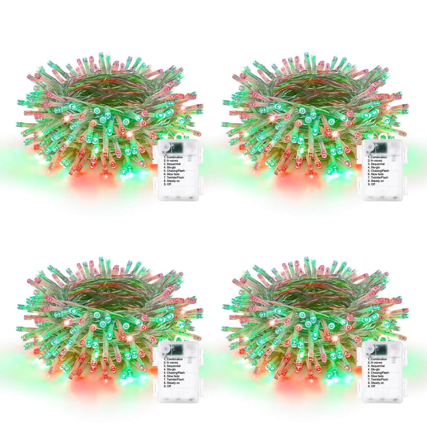 Lomotech Battery Operated Christmas Lights - 4 Pack Total 66Ft 200Leds String Lights 8 Modes Waterproof With Timer For Home  Garden  Party  Holiday  Tree Decoration (Clear Wire  Red & Green)