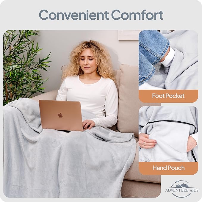 Travel Pillow and Blanket Set - Super Soft 2 in 1 Blankets with Cozy Hand & Feet Pouches Zip into Plush Pillows - Large Size Wraps You in Warmth on Airplanes - Luggage Sleeve & Backpack Clip (Gray)