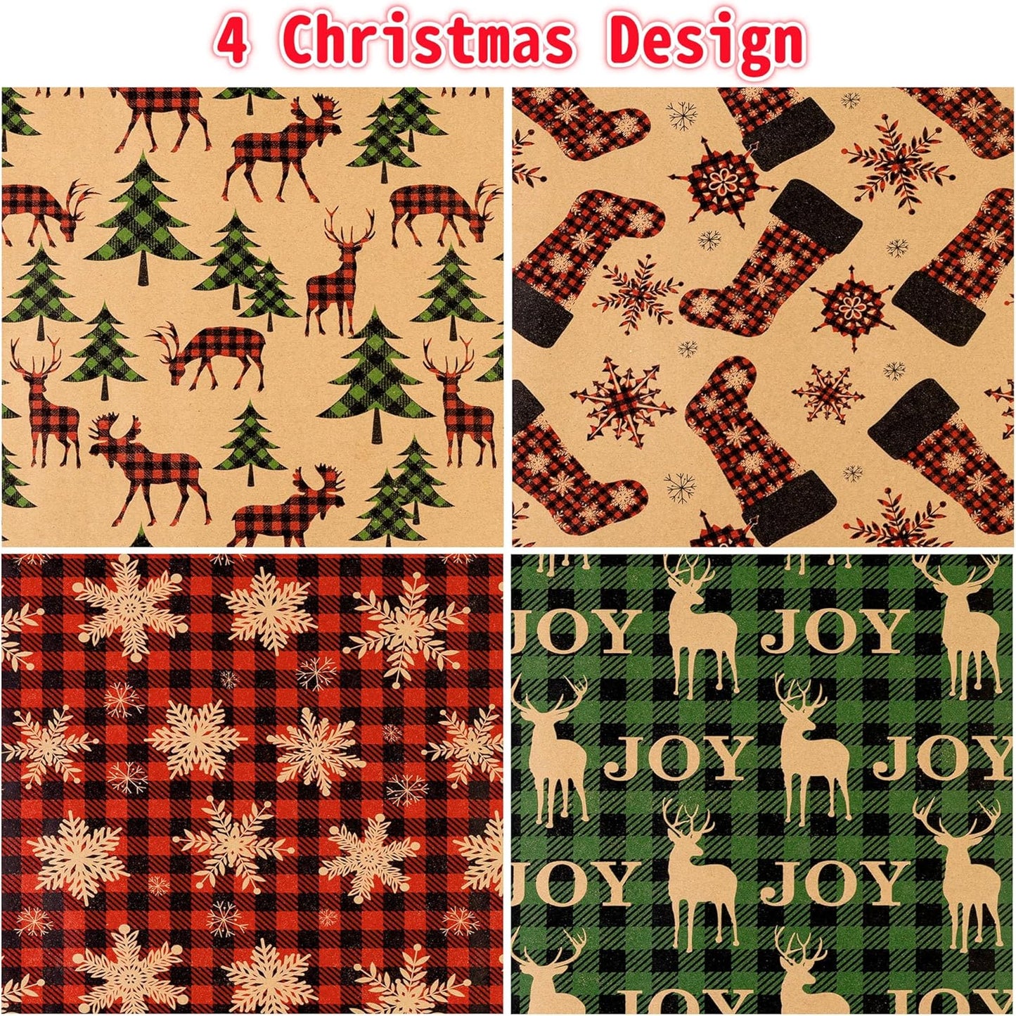 Christmas Wrapping Paper (4 Rolls: 148 sq. ft. ttl) - Red/Green and Black Plaid Grid Patterns, Stockings Snowflakes Pine Tree and Reindeer - Holiday Kraft Gift Paper 30 inches x 14.8 feet Per Roll