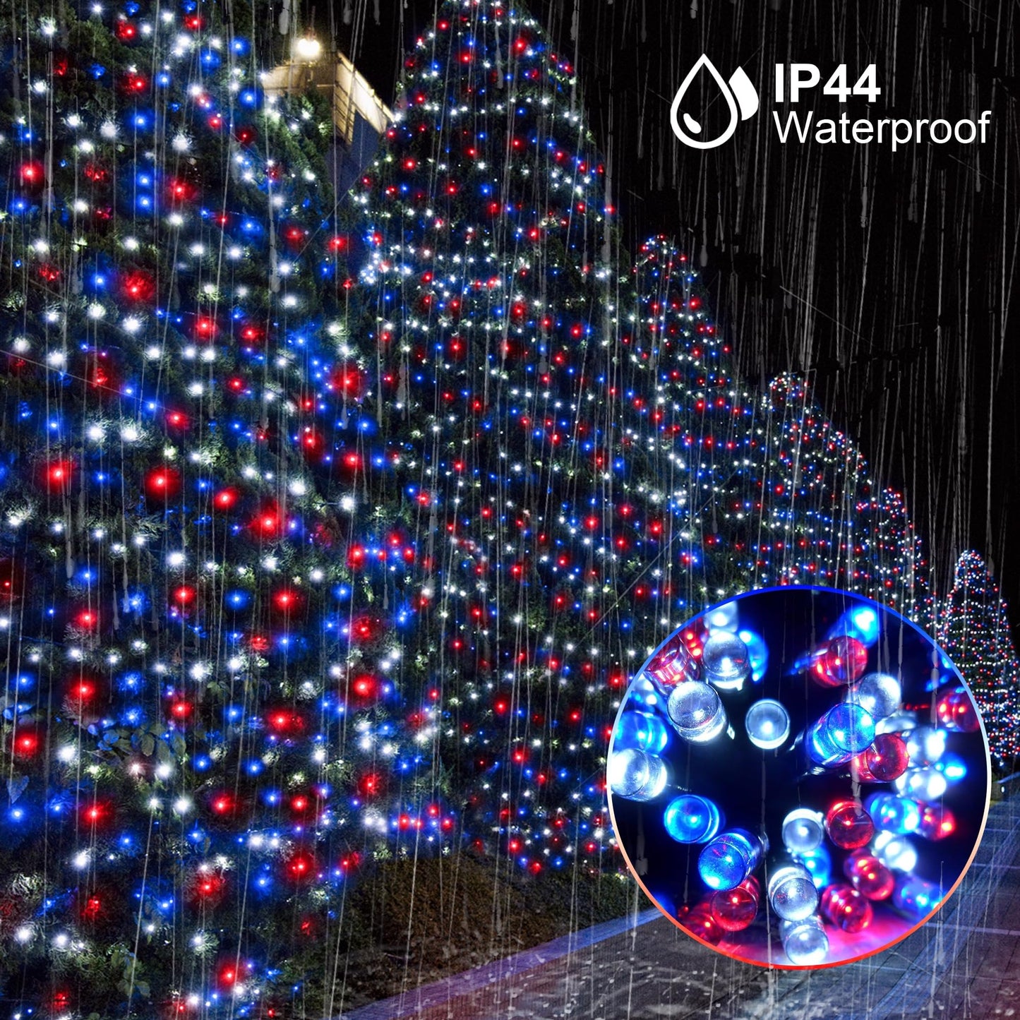 kemooie 500 LED Outdoor String Lights, Waterproof, 8 Modes, Red White Blue, Model HB-500COI