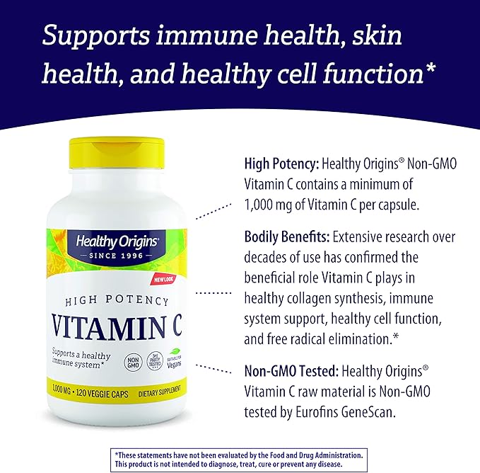Healthy Origins Vitamin C 1,000 mg (Non-GMO Tested, High Potency, Immune Support, Vegan), 120 Veggie Caps