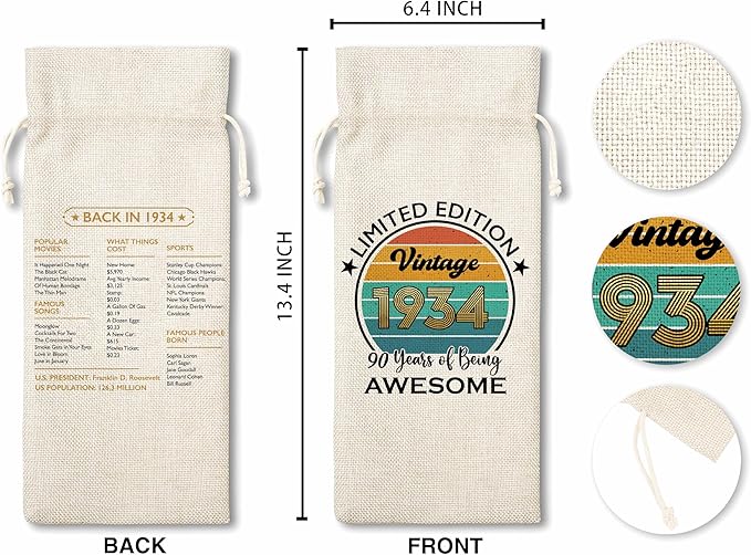 Disfuco 90th Birthday Wine Gift Bag, 1934 Birthday Gift Wine Bag, Burlap Wine Bottle Cover Bag For Women Men, Friends, Daughter, Son, Newphew, Niece, 1 Pc (B08)