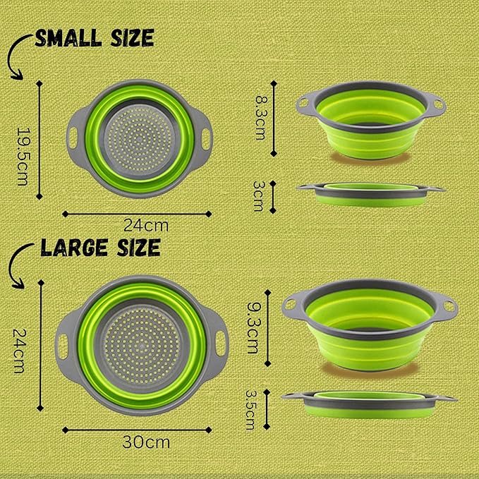 Collapsible Colander Set,Premium Food Grade Silicone Folding Strainers with Handles Space Saving Colanders for Draining Pasta,Vegetables & Fruits,Ideal for Kitchen & Travel (2pc)