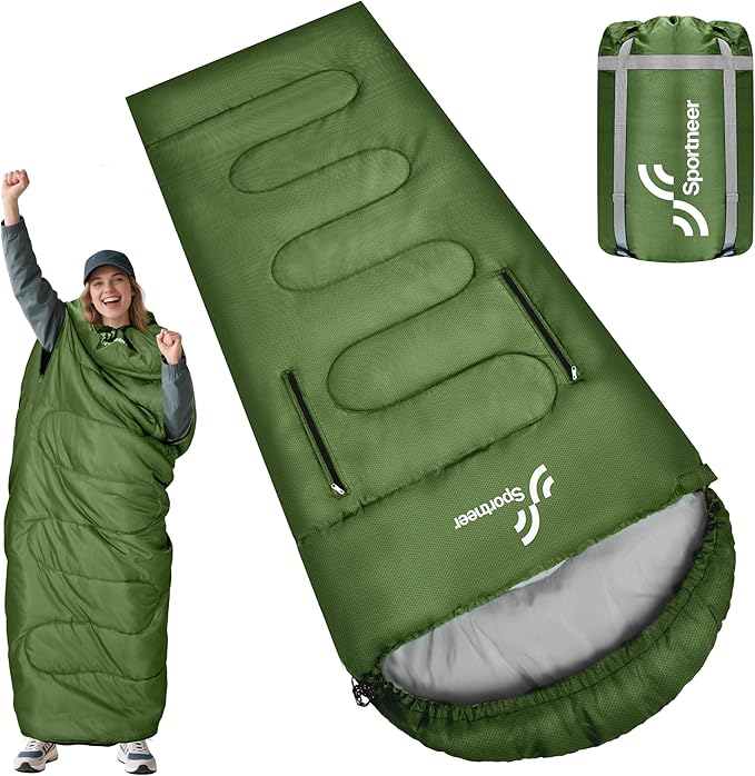 Sportneer 0 Degree Wearable Sleeping Bag for Adults & Kids – Walkable with Arm Zippers, Waterproof & Warm, Compact for Cam...