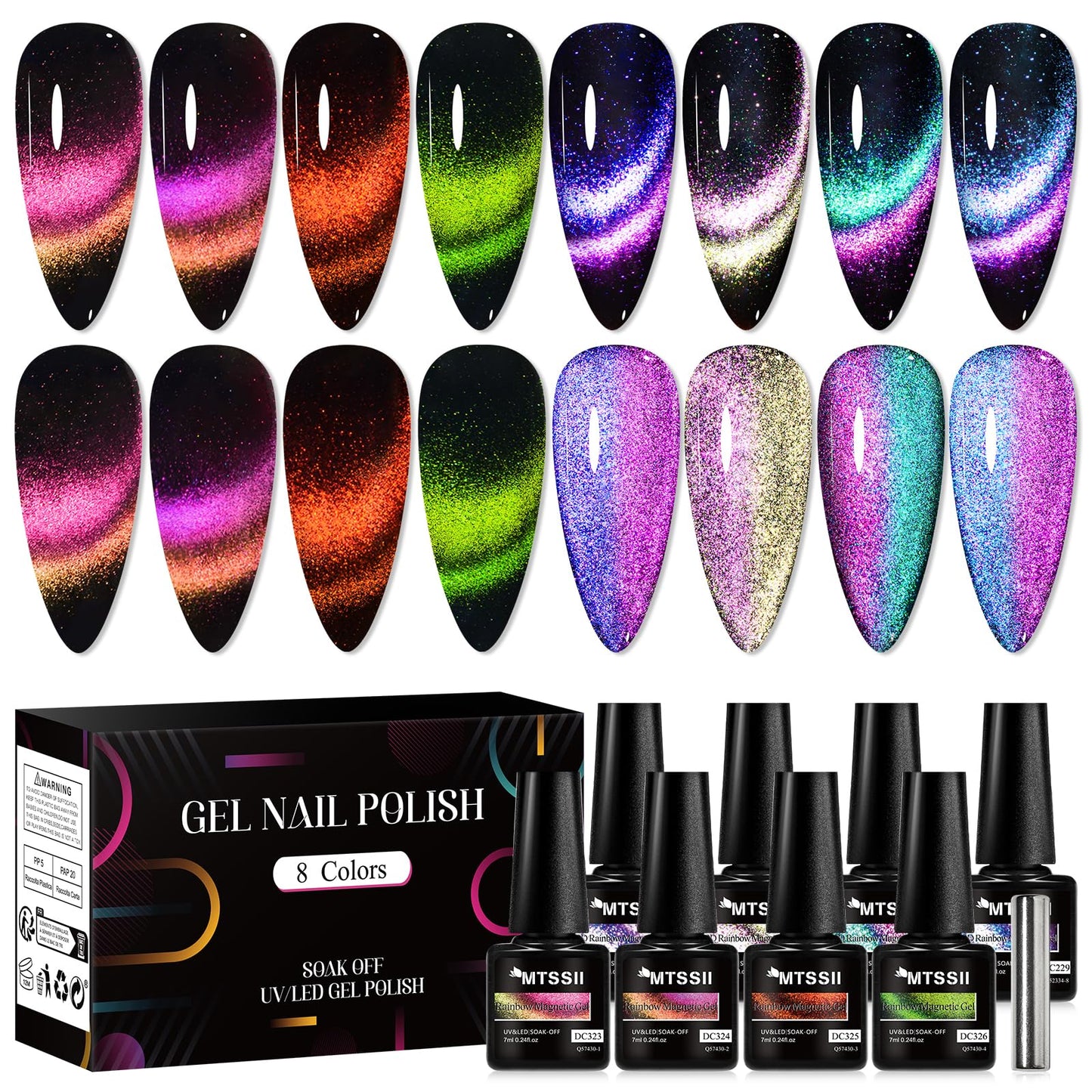 MTSSII Cat Eye Gel Nail Polish Set, 8 Colors, UV/LED Soak Off, Galaxy Glitter Collection (Set-6, 8pcs)