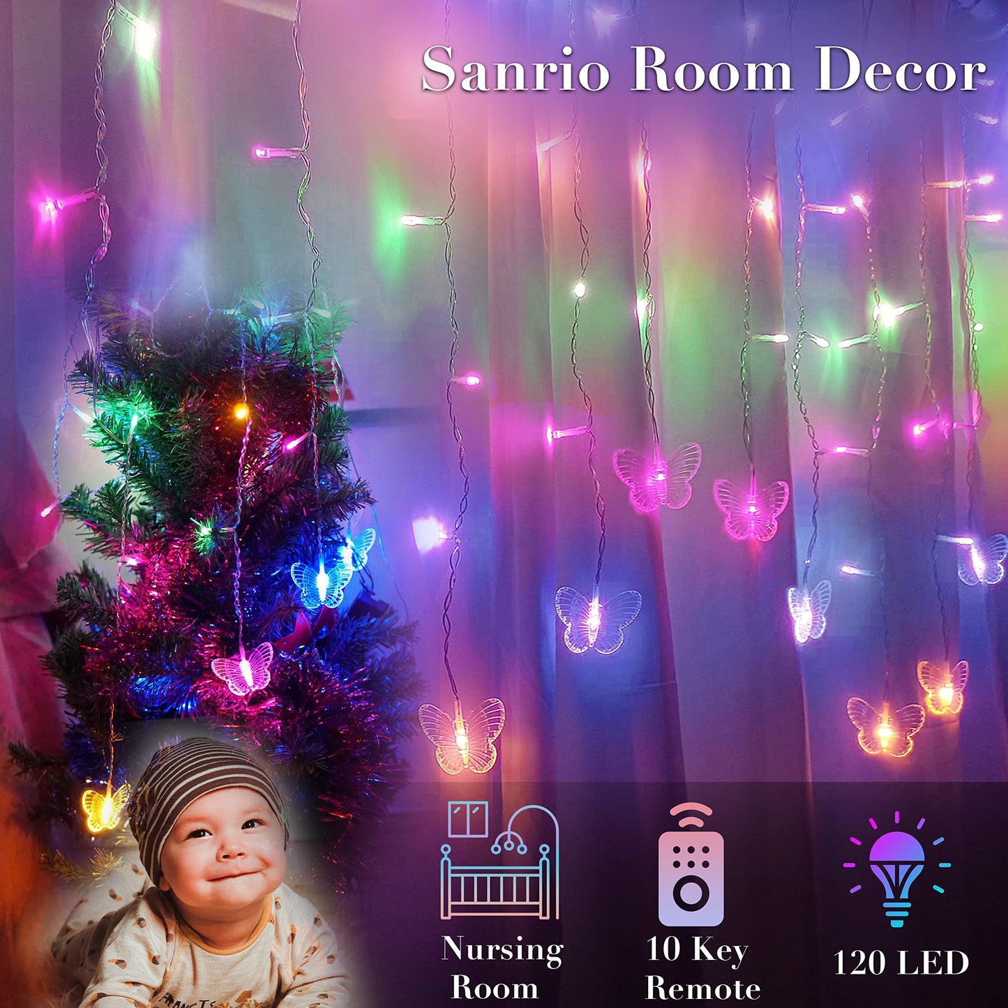 StarryMine Curtain Butterfly String Light 20Ft 120LED USB Fairy Lights Remote Control Pastel for Room Bedroom Party Wedding Holiday Decoration