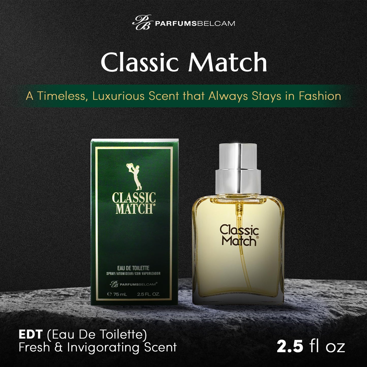 PB ParfumsBelcam Classic Match Green Eau De Toilette Spray for Men – Fresh Chypre Cologne, Bergamot, Basil, Musk, Long-Lasting Masculine Fragrance, Signature Scent – 2.5 Fl Oz