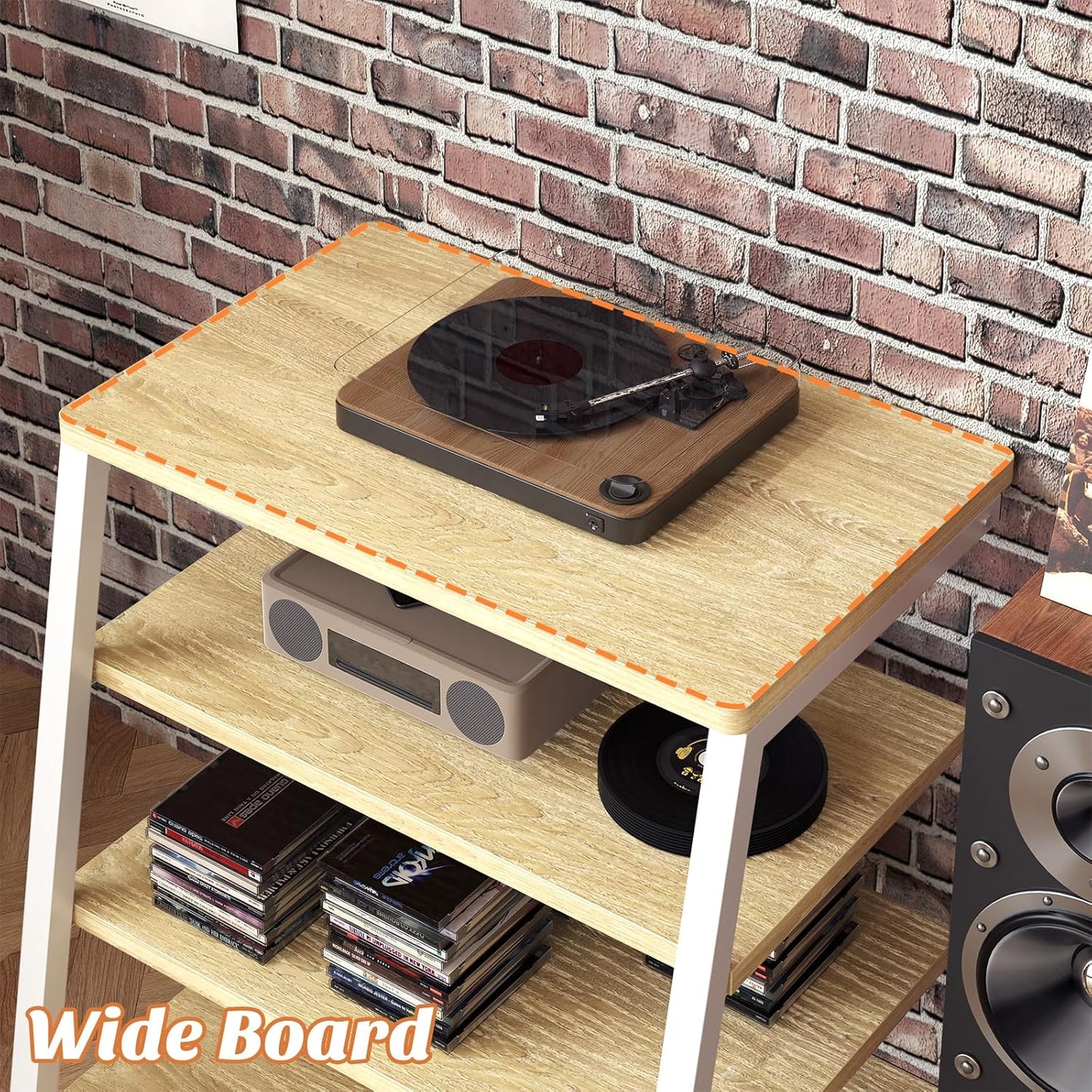 AV Media Stand with Outlets, Media Console with LED Lights, Stereo Racks and Stands with Storage Shelves, Media Audio Tower Cabinet, Natural Oak and White