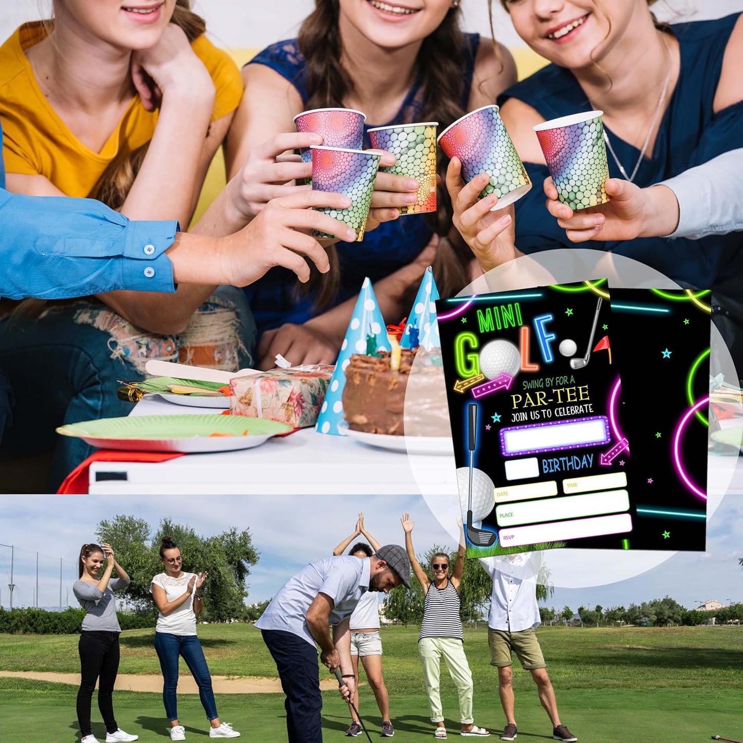 Golf Birthday Invitations for Boys Girls, 20 Invitation Cards with Envelopes, Neon Glow Invites for Party Decorations Favor Supplies - A28