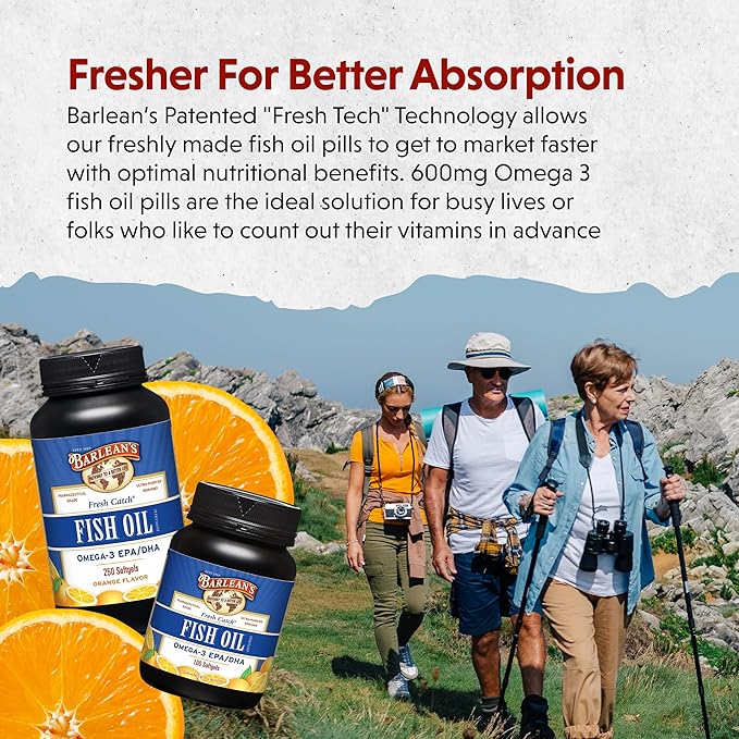 Barlean's Omega 3 Fish Oil Supplements, 600mg Fish Oil Pills with EPA & DHA, Softgels for Joint, Brain, & Heart Health, Orange Flavored, 250 Count