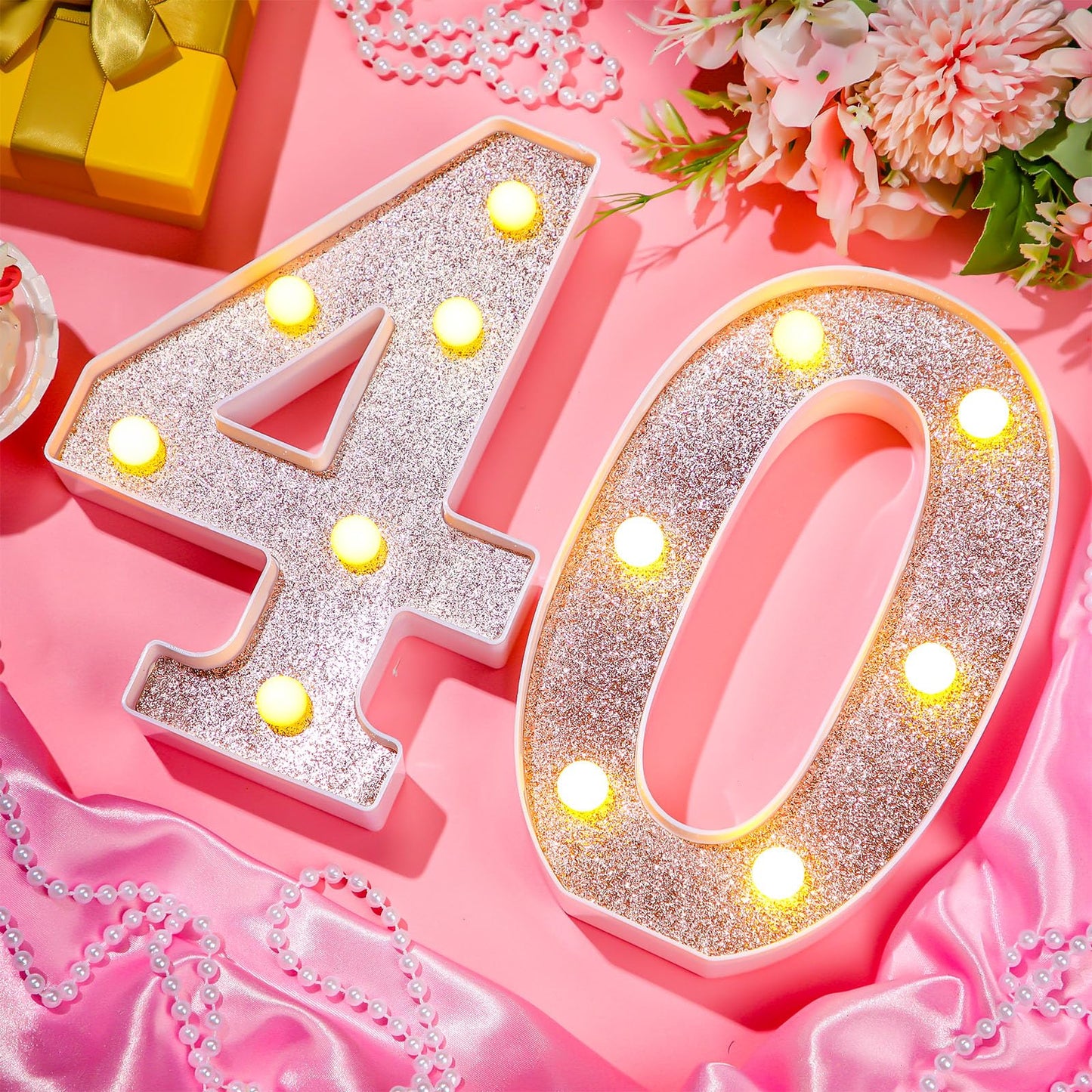Treela 8.7 Birthday Decorative Led Light Up Numbers  Glitter Marquee Number Sign For Night Birthday Party Decorations Anniversary Bar Led Sign Backdrop Wall Table Centerpieces(40Th Rose Gold)