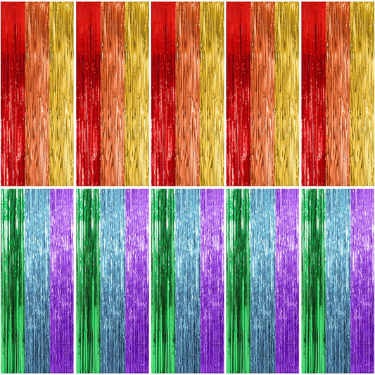 10 Pack Rainbow Party Backdrop Streamers Decorations Colorful Foil Fringe Curtains Metallic Tinsel Backdrop for Birthday First D