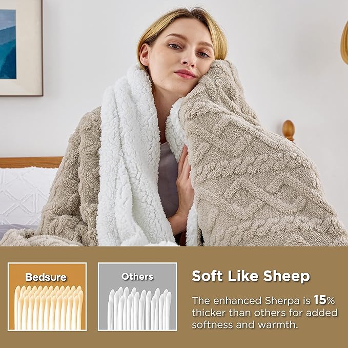 Bedsure Sherpa King Size Blanket for Bed- GentleSoft Fleece Fluffy & Cozy Cable Jacquard Tufted for Women Gift, Thick and Warm Blankets for Winter, Beige, 108x90 Inches