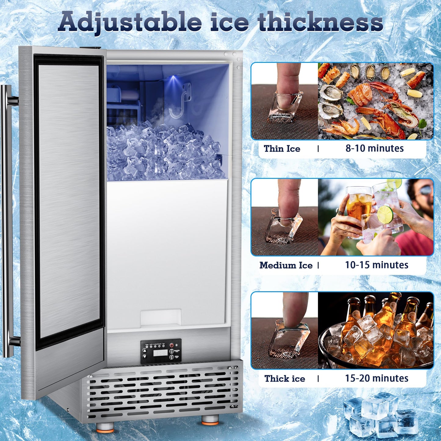 Ice Maker Commercial Under Counter Ice Maker Machine 88Lbs/Day with 55Lbs Storage, 15" W Stainless Steel Freestanding Ice Maker 40Ice/Cycle, Self-Cleaning for Home Restaurants Bars
