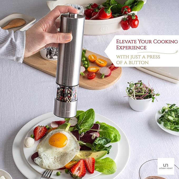 Electric Salt and Pepper Grinder Set - Matte Black Battery Operated Salt & Pepper Mills with Light (Pack of 2) - Automatic One Handed Operation with Adjustable Ceramic Grinders