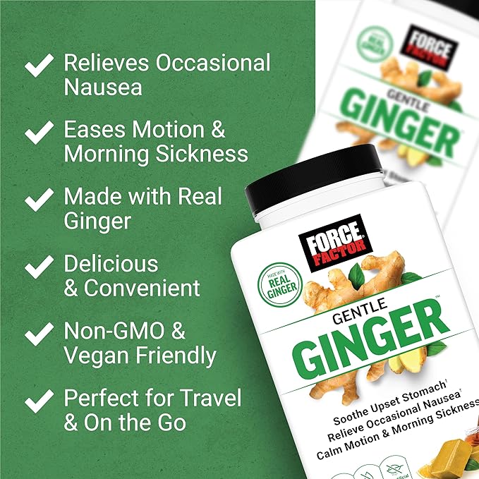 FORCE FACTOR Gentle Ginger Chews for Nausea Relief, Motion Sickness, and Morning Sickness, Ginger Supplement with Vitamin B6 for Digestive Support, Non-GMO, Honey Lemon Ginger Flavor, 60 Soft Chews
