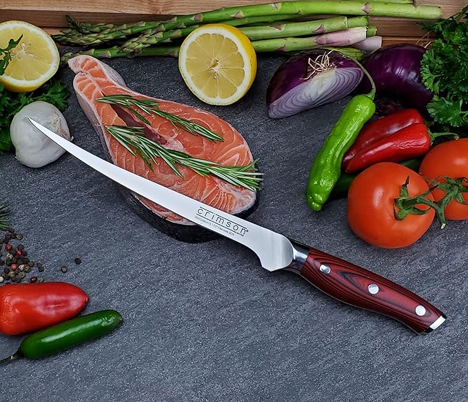 Ergo Chef CRIMSON Series Bamboo Block Knife Set Forged High Carbon X50CrMoV15 German Stainless-Steel, Full Tang, Durable G10 Handles (10pc. Block Set)