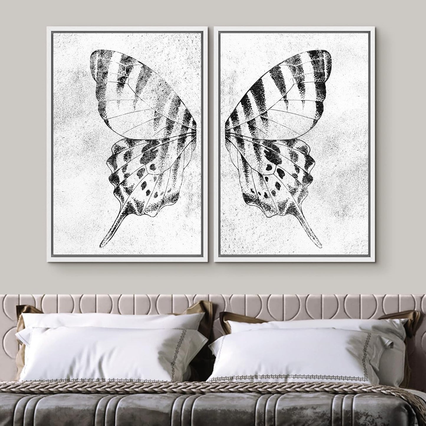 SIGNWIN Framed Canvas Print Wall Art Set Black & White Monarch Butterfly Wing Insect Nature Wilderness Illustrations Modern Art Rustic Relax/Calm for Living Room, Bedroom, Office - 24"x36"x2 White