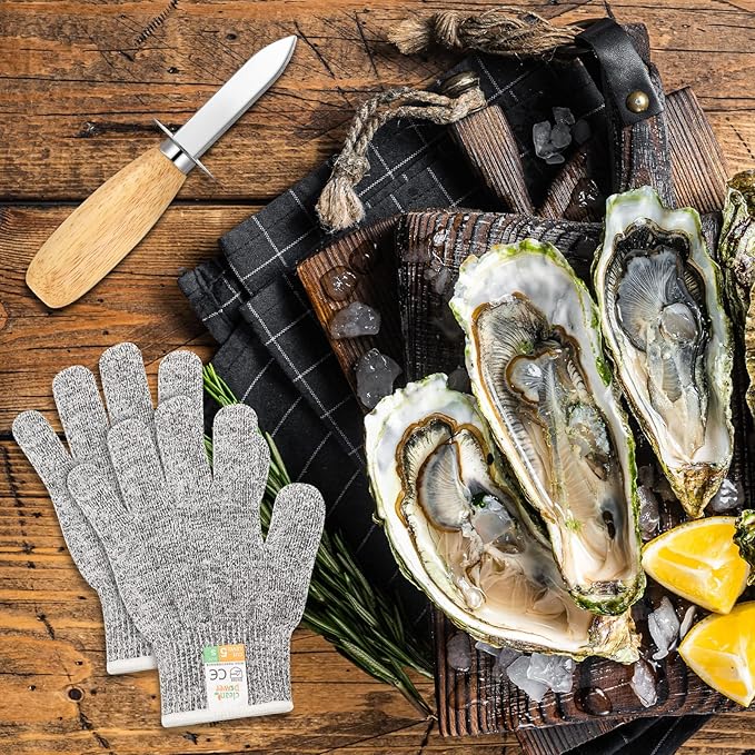 Tarpop 16 Pieces Oyster Shucking Knife Set 8 Stainless Steel Oyster Shuckers Bulk 8 Level 5 Protection Cut Resistant Gloves Seafood Opener Tool Kit for Clam Pearl Shell Shucking