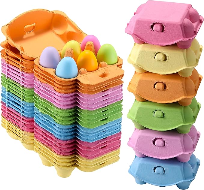 Half Dozen Colored Egg Cartons, 24 Pack - Natural Pulp Paper, 6 Count Reusable Egg Holder Basket, Blank Colorful Easter Toy Storage Tray