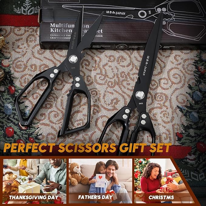 HUUSK Kitchen Scissors Set Black - Upgraded Stainless Steel Kitchen Shear, Sharp Meat Scissors, Heavy Duty Poultry Shears, Japanese Cooking Scissor for Food, Dishwasher Safe Christmas Gifts for Women